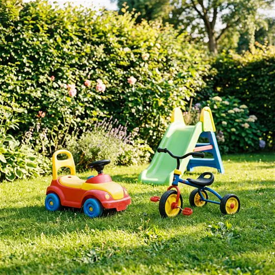 Ride-on toy car and tricycle on a sunny garden lawn