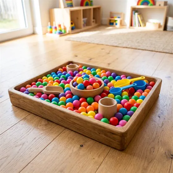 Colourful ball pit balls in a sensory tray