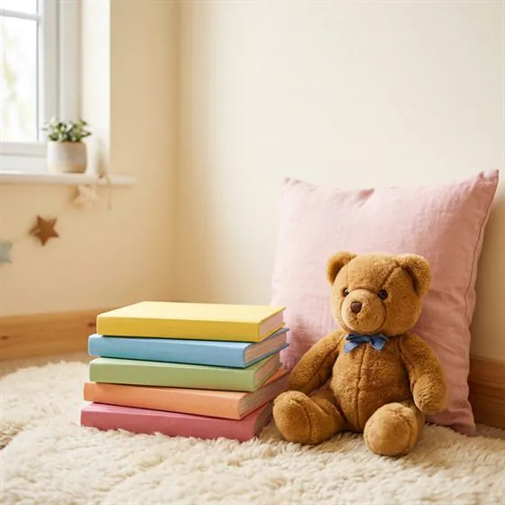 Stack of picture books beside a teddy bear